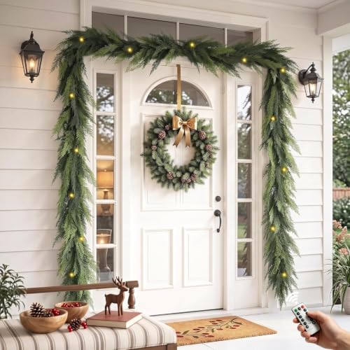 16FT Prelit Realistic Faux Cedar Garland with 8 Lighting Modes for Christmas Decor - KIWDY