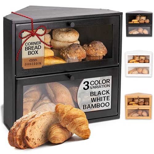 Black Corner Double-Layer Bread Box - Extra Large Bamboo Storage