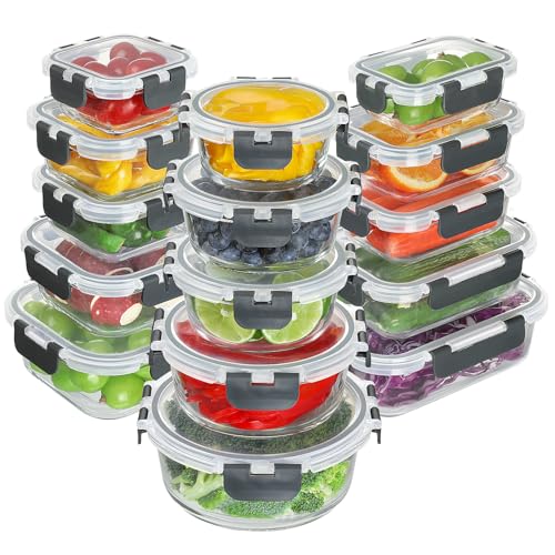 BAYZZ 15-Pack Gray Glass Food Storage Containers Set with Airtight Lids