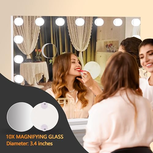 Hasipu 32x24 Inch White Hollywood Makeup Vanity Mirror with Lights, 17 Dimmable LED Bulbs & 10X Magnification