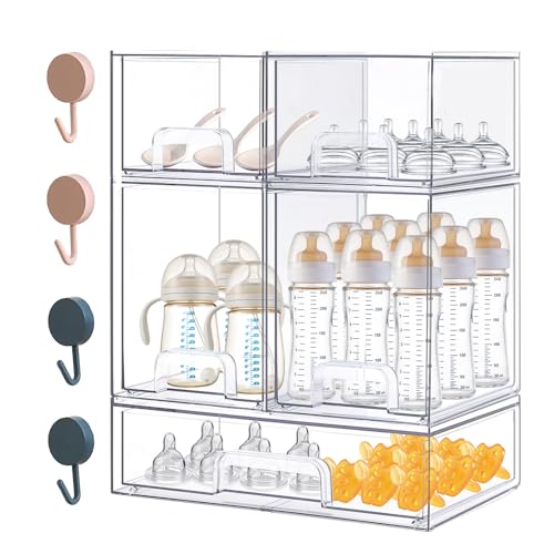 Baby Bottle Organizer with Hooks - 5 Pack Stackable Drawer Storage Set - High, Small & Wide Bins