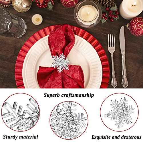 ZeeDix Silver Snowflake Christmas Napkin Rings Set of 8 for Dinning Table Setting- Rustic Dinner Tables Setting Decoration for Wedding Receptions, Christmas, Thanksgiving Holiday Party Dinner Parties