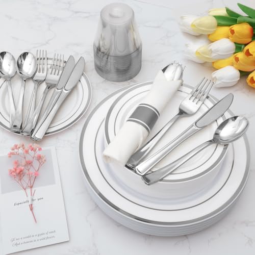 175-Piece Silver Plastic Dinnerware Set for 25 Guests - Party Plates, Cups & Utensils