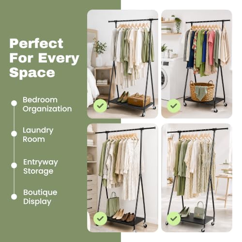 Foldable Clothes Rack with Wheels - Adjustable Height Portable Garment Organizer with Shelf