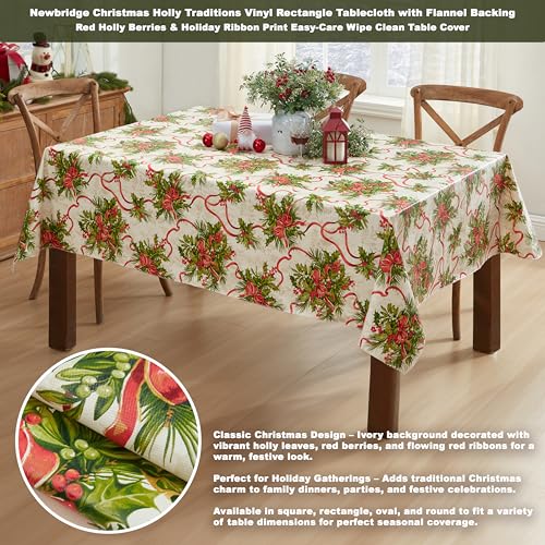 Newbridge Holly Traditions 60 x 102 Inch Rectangle Vinyl Tablecloth with Flannel Backing