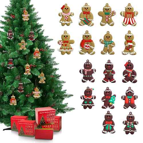 Christmas Decorations - 16-Piece Gingerbread Man Ornaments for Christmas Tree Set with Gift Box, 3 Inch Assorted Hanging Decor for Christmas Tree, Indoor Home, Office & Holiday Party Decoration
