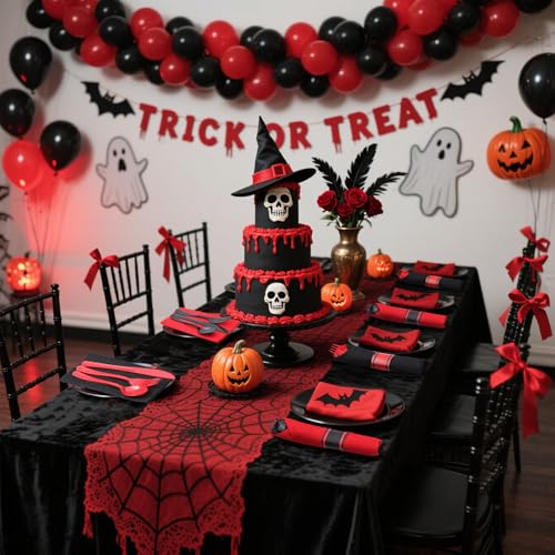Black and Red Halloween Pre-Rolled Silverware Sets - 30 Disposable Forks, Knives, Spoons & Napkins