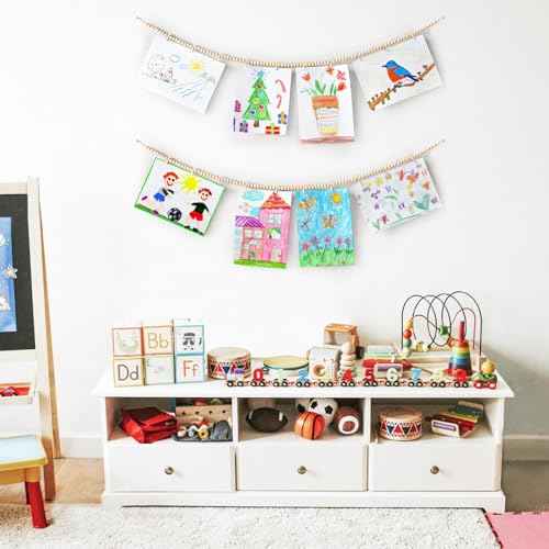 Mkono Hanging Photo Display with Clips, Boho Wooden Bead Garland Banner, Collage Card Picture Kids Art Holder String with 10 Clips for Christmas Bedroom Dorm Decor, Teen Girl Gifts, Brown, 2 Pack