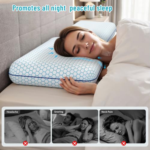 CushyOasis King Size Blue Memory Foam Bed Pillow for Sleeping 2PCS