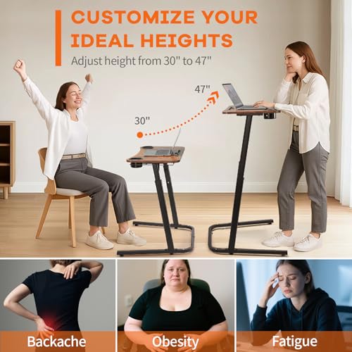 HOMELYM Brown Adjustable Treadmill Desk for Standing and Sitting - Small Standing Desk with Cup Holders & Towel Rack