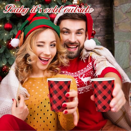 Layhit 24 Pack Christmas Buffalo Plaid 12oz Coffee Cups with Lids & Sleeves Black Red