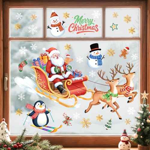 Christmas Window Clings Decoration, Santa Sleigh Reindeer Snowman Reusable No Glue Stickers Xmas Decals Christmas Decorations for Window Glass Party Supplies