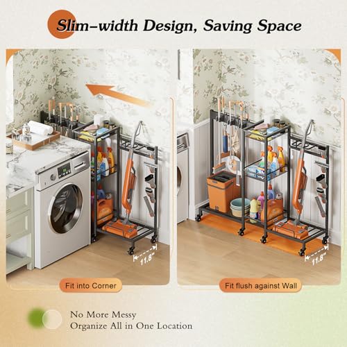Olakee Black 3-in-1 Broom Holder & Storage Organizer for Laundry & Utility Rooms