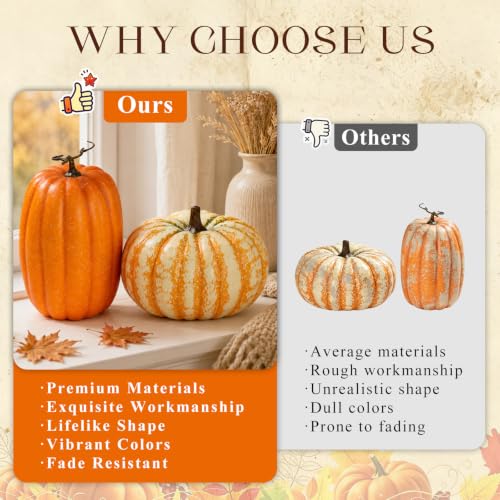 Large Fake Orange-White-Green Pumpkin Set - Harvest Fall Autumn Decor - Frosted Foam Vegetables - Halloween & Thanksgiving