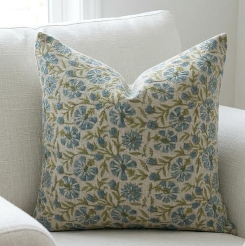 Spring Blue and Green Linen Throw Pillow Cover 20x20 Inch - Set of 1