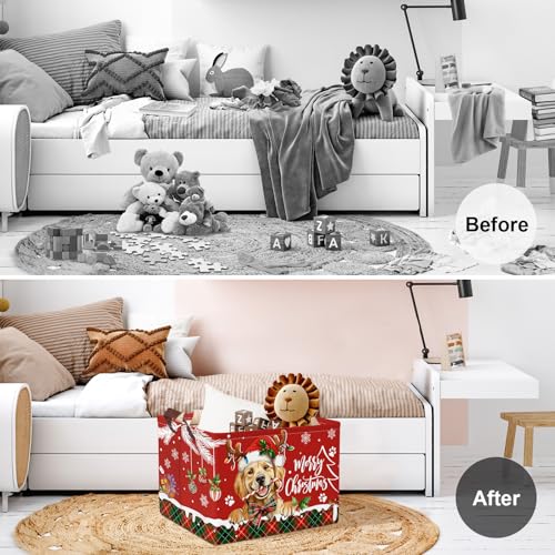 Clastyle Christmas Pet Baby Laundry Hamper Snowflake Kid Storage Basket Boy Girl Gift Toy Box Collapsible Clothes Organizer Nursery Bin for Bedroom,Puppy,40*30*30 cm