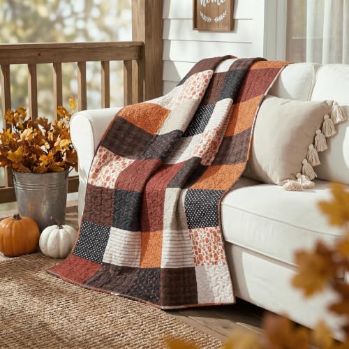 Fall Pumpkin Patchwork Quilted Throw Blanket 50x66 Inches - Autumn Decor