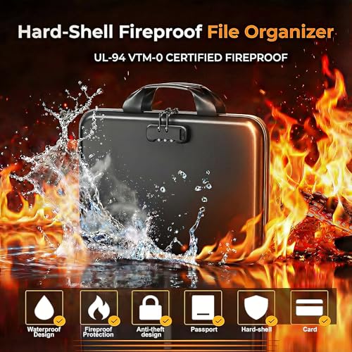 IPYIPY Black Fireproof Water-Resistant Document Organizer with Lock, 13-Pocket EVA File Box