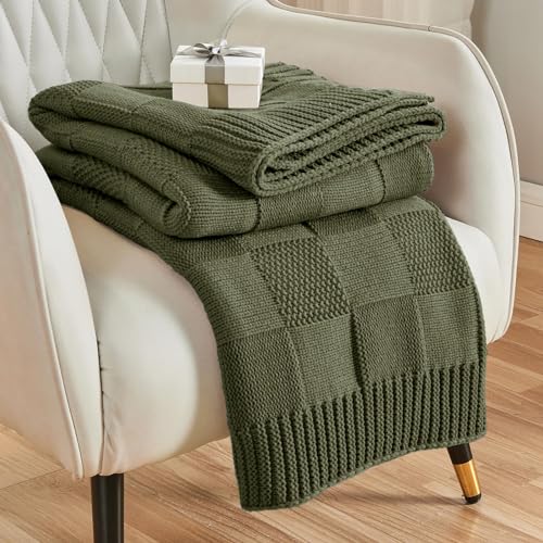 Olive Green Knitted Checkered Throw Blanket 50x60 Inches - Cozy & Stylish