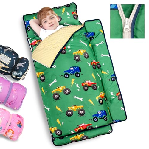 Primlect Toddler Nap Mat with Pillow - Green Truck, Extra Large & Thickened