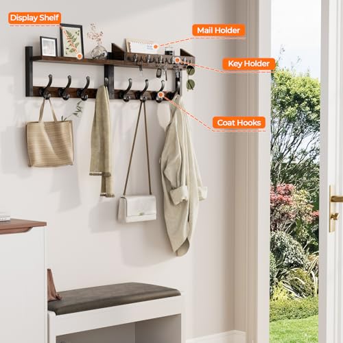Rustic Brown 35-Inch Wall Mount Coat Rack with Shelf - Entryway Organizer
