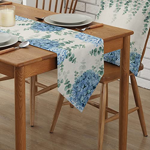 Farmhouse Table Runner 13x72 Linen Look with Eucalyptus Blue Hydrangea