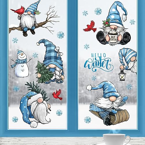 Yovkky Hello Winter Gnome Window Clings 9 Sheets, Snowman Cardinal Red Birds Christmas Tree Stickers Decals Decor, Pine Branch Snowflakes Holiday Home Kitchen Decorations