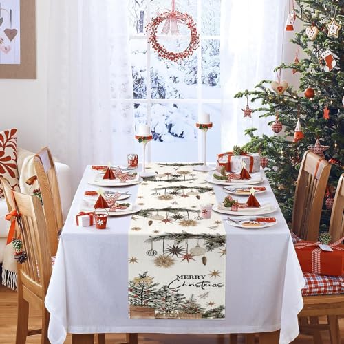 FreeNook Holly Pine Cone Christmas Table Runner 13x108 Inches – Holiday Decor
