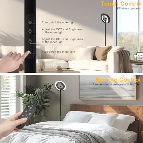 Black EPABINA 75.5-Inch Dual Rotatable C-Shaped LED Floor Lamp with 2 Ring Lights