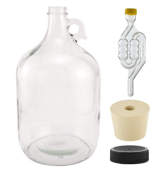 North Mountain Supply - 1G-38-ST-TB-1 1 Gallon Glass Fermenting Jug with Handle, 6.5 Rubber Stopper, Twin Bubble Airlock, Black Plastic Lid (Set of 1)