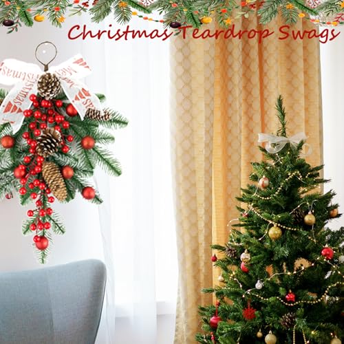 2 Pack Christmas Teardrop Swags with Berries & Pinecones – 20in Artificial Floral Wall Decor