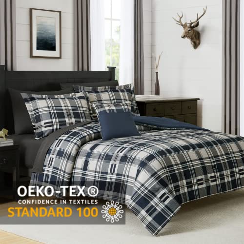 MaiRêve Navy Blue Queen Plaid Comforter Set 7 Pieces Bed in a Bag