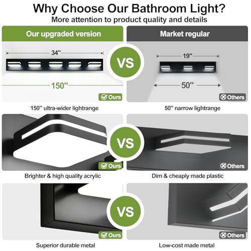 Torondo 34-Inch Matte Black 5-Light LED Bathroom Vanity Light Fixture, 360° Rotatable, Acrylic Modern Wall Lighting Over Mirror