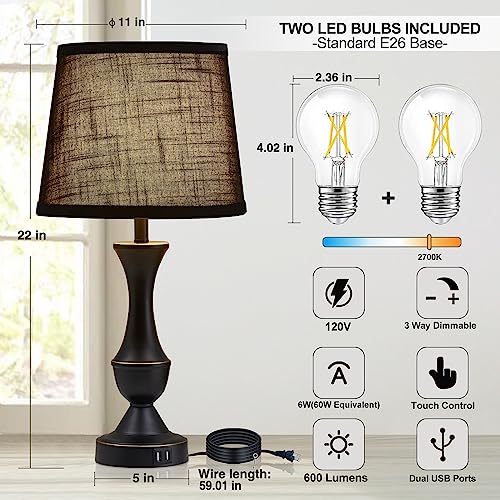 Black Touch Table Lamps Set of 2 - 22-Inch Bedside Lamps with USB Ports