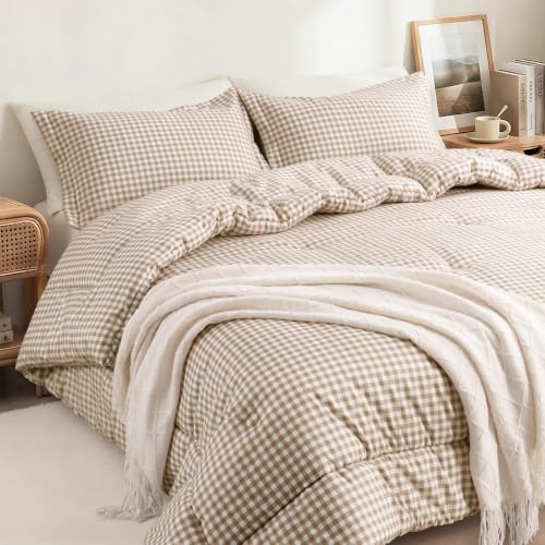 SunNewt Queen Comforter Set Tan Gingham 3 Pieces - Plush Bedding