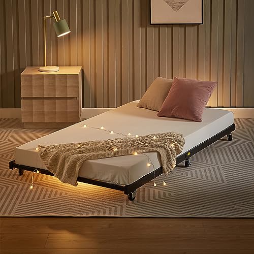 Classic Black Twin Trundle Bed Frame with Lockable Casters - Space-Saving Metal Slats Support