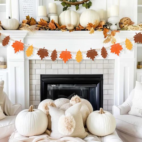 Fall Decor, Fall Felt Garland for Mantel, Autumn Maple Leaf Felt Wooden Bead Garland Decorations for Home Indoor, Farmhouse Leaves Banner, Fall Hanging Ornaments