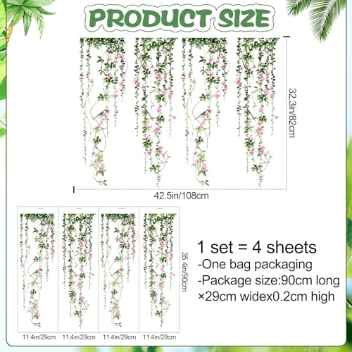 4 Sheets Hanging Vines with Flowers Wall Decals Green Plant Leaves Wall Stickers Pink Cherry Blossom Vine Wall Art Hanging Flower Tree Branches Bird Wall Murals for Kids Bedroom Nursery Decoration 20