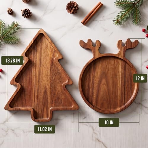 Nhohobiy Acacia Wood Christmas Tree Charcuterie Board & Reindeer Tray – Medium (Tree & Reindeer)