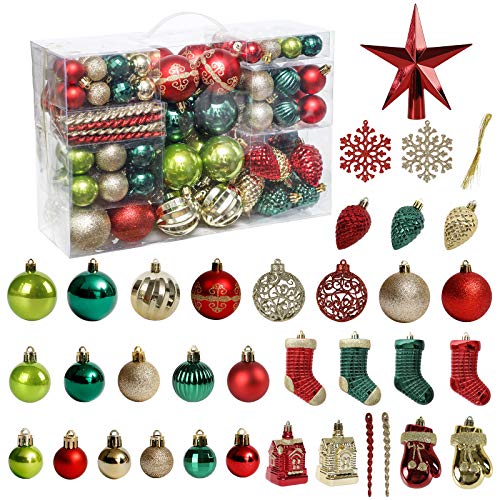 Christmas Tree Ornaments Set 132pcs Red Green Gold Festive Decorations - Roseleaf