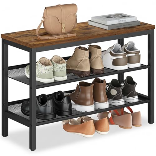 Rustic Brown and Matte Black 3-Tier Shoe Storage Bench with Raised Edges