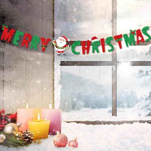 Comelodiant Merry Christmas Banner Glitter Red &Green Christmas Bunting Banner Sign for Xmas Decorations Indoor Christmas Home Wall Fireplace Mantel D?cor