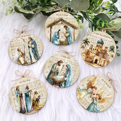 Shellwei 24 Pcs Vintage Nativity Christmas Ornaments Musical Jesus Birth Nativity Scene Wooden Ornaments Decorations for Christmas Tree Religious Gifts Holiday Party (Jesus)
