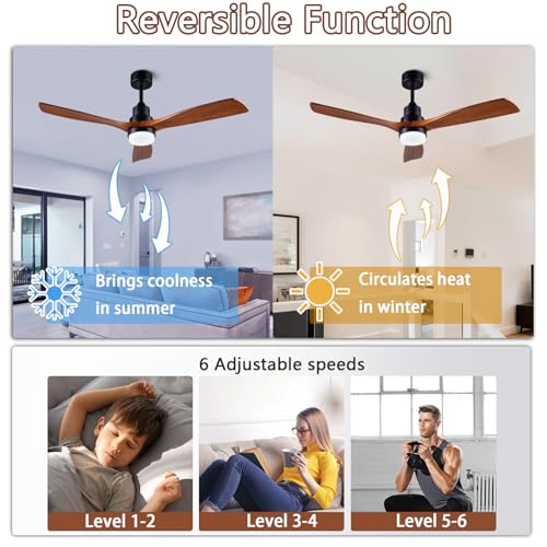 52-Inch Wooden Outdoor Ceiling Fan with Light and Remote Control - Black + Walnut