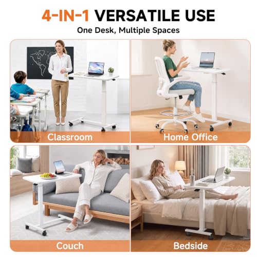 White GTPLAYER Adjustable Mobile Standing Desk with Lockable Wheels, Overbed Table, 32x18 inch