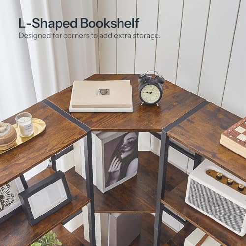 Industrial Corner Bookshelf - 5-Tier L-Shaped Bookcase with Rustic Finish