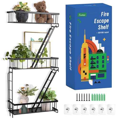 Black 3-Tier Fire Escape Wall Shelf - NYC Style Ladder Floating Shelves for Bedroom & Home Office