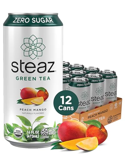 Green Tea Zero Sugar Peach Mango - Organic & Caffeinated, 16 Fl Oz, Pack of 12