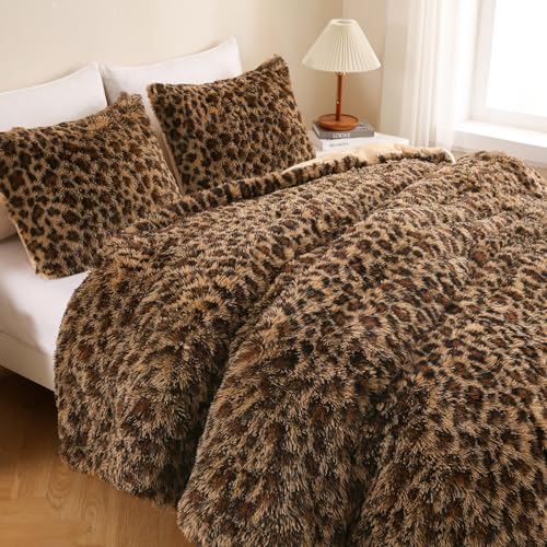 Bolder Cheetah Faux Fur Comforter Set Full Size 3 Pieces - Brown