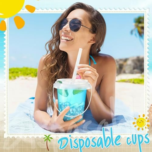 24 oz Clear Plastic Drink Buckets Set of 50 with Lids Straws Handles - PARTY & Catering Supplies